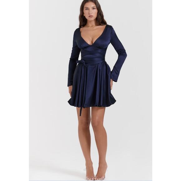 House of CB Dress Small Plus Cup Dominique Navy Plunge Mini Blue Satin Flirty - Picture 2 of 15
